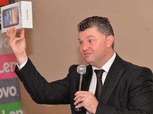 Graham Braum, General Manager, Lenovo Tech, West Africa; displaying a new product introduced into the Nigeria’s market by the company at the media briefing held at Protea Hotel, Ikeja, Lagos