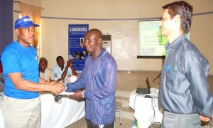 L-R, Presentation of Simba Training Certificate to a Participant (Middle) by Alhaji Salisu Mamman, Luminous Channel Partner, Katsina (Left) while Mr. Mayank Trivedi, Simba Branch Manager, Kano (Right) watches on during the Luminous Technician Training Programme held in Katsina recently.