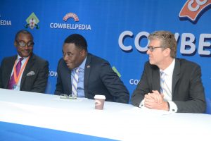 L – R: Mr. Andrew Enahoro, Head, Legal and Public Relations, Promasidor Nigeria Limited; Mr. Kachi Onibogu, Commercial Director, Promasidor Nigeria Limited; and Mr. Olivier Thirry, Managing Director, Promasidor Nigeria Limited at the media briefing on the 2016 Cowbellpedia Secondary School Mathematics T.V Quiz Competition in Lagos on Tuesday