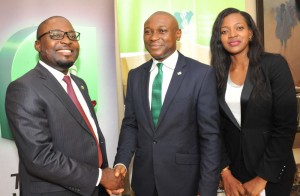 From Left to Right: Mr. Moses Siasia, Chairman Nigerian Youth Professional Forum, NYPF; Mr. Obioma Emenike, Head Marketing Strategy, Heritage Bank Limited; and Mrs Vivian Achuonye , Director of Entrepreneurship, NYPF; at the launching of the N500 Million Young Entrepreneurs and Students, YES Grant in Lagos on Tuesday