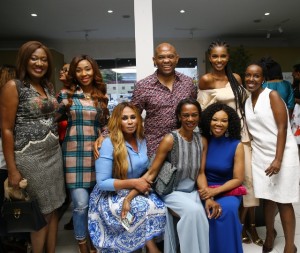 Standing (Left to Right) Mrs. Nimi Akinkugbe,  CEO of Bestman Games, Dr. Vivian Oputa, Medical Director of DermaCare Medical Limited,  Mr. Tony Elumelu,  Chairman of UBA Group plc, Ms. Agbani Darego, Former Miss World, Mrs. Mazzi Odu, Head of Marketing, Communication and Events, UBA Africa : Seated (Left to Right) Mrs Nkiru Anumudu, Executive Director, Globe Motors, Mrs. Bola Atta, Director of Marketing and Corporate Communications, UBA Africa, Mrs. Betty Irabor, Editor in Chief of Genevieve Magazine, at the launch of the new TV Reality show, tagged “Interiors By Design’ to be aired on RedTv, an online entertainment supported by UBA Group, in Lagos on Sunday