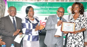 From Left; Mr John Ehiguese, President, PRCAN; Chief Mrs. Obo Edet; State Chairman NIPR; Mr Yomi Badejo-Okusanya, Secretary General African Public Relations Association[APRA] and Kate Henshaw, Ambassador for African Public Relations Association[APRA], at the Identity Unveiling of  APRA Calabar 2016 Conference in Lagos 