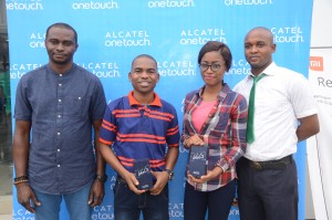 From Left, Gbenga Adegboye, Sales Manager, Alcatel Nigeria, Samuel Adekanmbi, Aisha Ikhonede and Felix Amanfoye, Head of Operations, Purch Limited at the presentation of prizes to winners of the Alcatel retail promo in Lagos yesterday