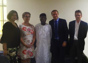 L-R: Ivana Tsvetkova, CSR Project Manager Arla Foods; Irene Quist Mortensen, Head of Corporate Responsibility, Arla Foods International; Chief Audu Ogbeh, (OFR), Minister for Agriculture and Rural Development;  Kasper Thormod Nielsen, Director, Trade Policy and Flemming Larsen, Senior Agricultural Specialist, Arla International during a visit to the Minister at the end of the field Visit by the Arla International team to local dairy farms in Nigeria