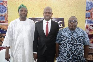 (L-R) Sikiru Ayinde Agboola (a.k.a SK Sensation), Chairman, National Project Committee of the Fuji Musicians Association of Nigeria; Emmanuel Agu, Portfolio Manager, Mainstream Lager & Stout Brands; Nigerian Breweries Plc; and Olawale Obadeyi, a notable Fuji analyst and Poet; at the maiden Fuji Roundtable, powered by Goldberg Lager Beer, an event held at the headquarters of NB in Lagos on Monday    
