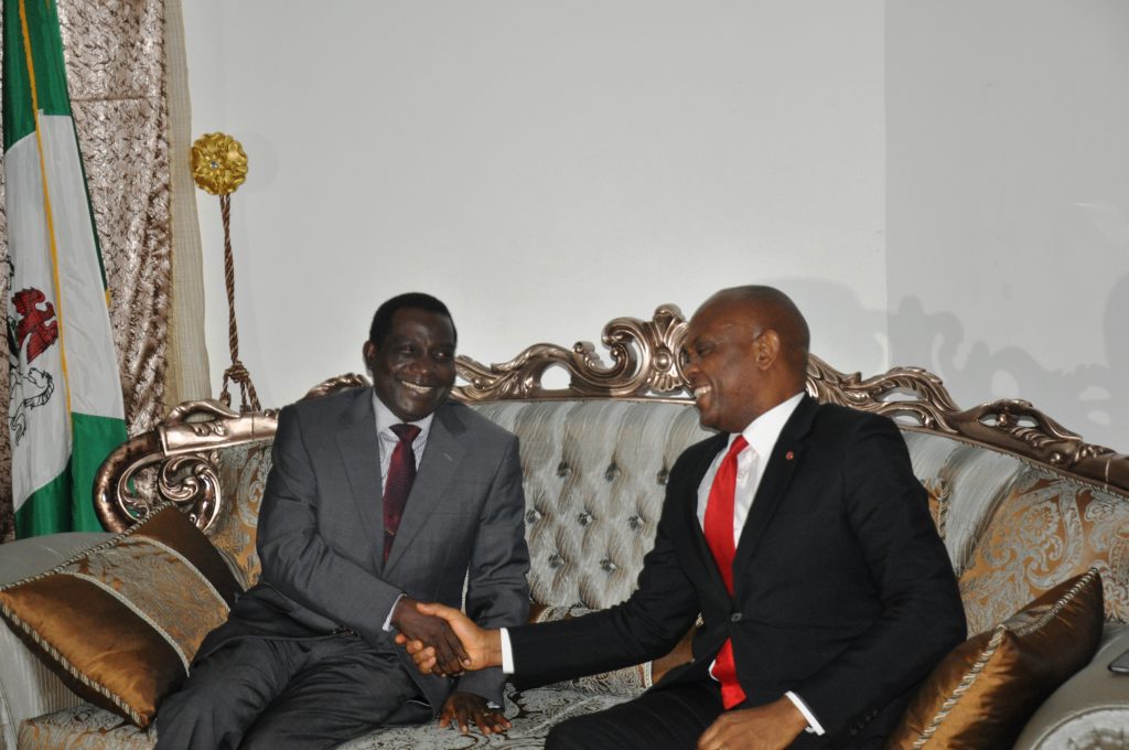 The Executive Governor of Plateau State, Mr. Simon Lalong and Chairman, UBA Plc and Heirs Holdings, Mr. Tony Elumelu, during the visit of the later to his office in Jos on Tuesday. Elumelu was in Plateau where he delivered a paper titled Entrepreneurship, Corporate Social Responsibility and Africapitalism: The Role of the Private Sector in Fighting Poverty in Nigeria at the National Institute for Policy and Strategic Studies, Kuru , Plateau State - 789marketing