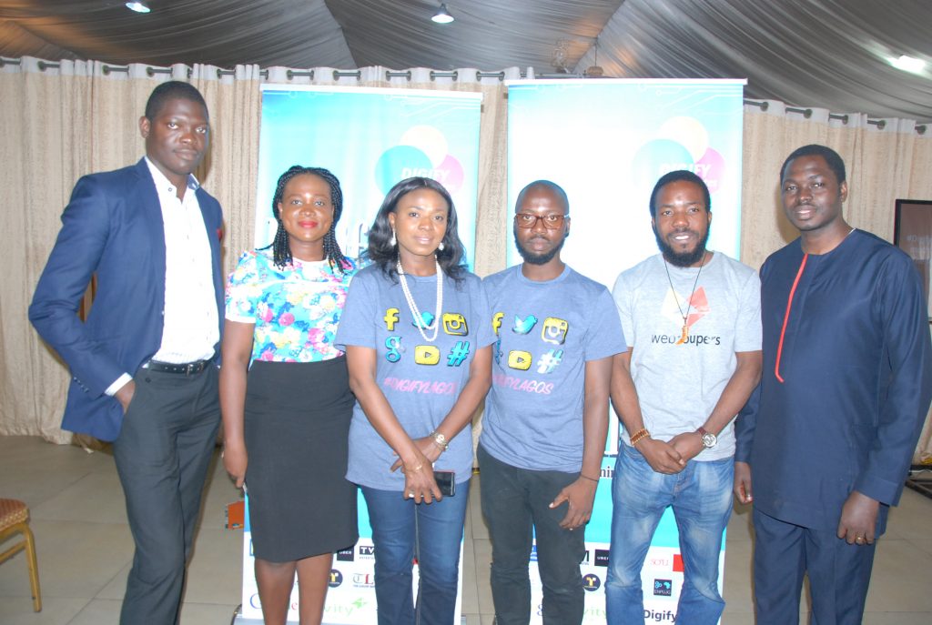 from left Fasuyi Oluwarotimi, MD, VAS Digimobility Ltd; Edinyanga Enong, Youth Segment Manager, Access Bank; Florence Olumodimu, Programme Manager, Nigeria, Livity Africa; Olushola Aromokun, Associate Programme Manager, Events and Outreach, Nigeria; Peter Ajegbomogun, Co-Founder, Webcoupers and Ayeni Ekundayo, CEO, BusinessPlus Services during the #Digify Digital Marketing for over 600 trainees facilitated by Livity Africa and sponsored by Google in Lagos - 789marketing