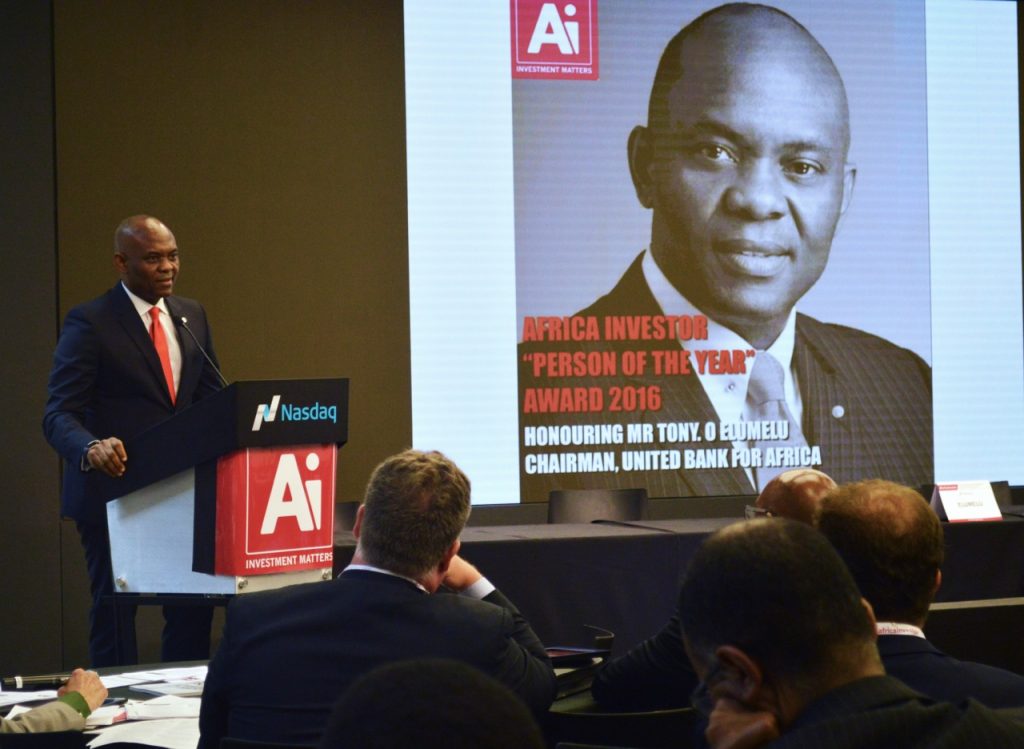 Mr. Tony Elumelu, Chairman Heirs Holdings and recipient of the 'Person of the year’ award, making a speech after receiving the award at the NSADAQ Office in NY- 789marketing