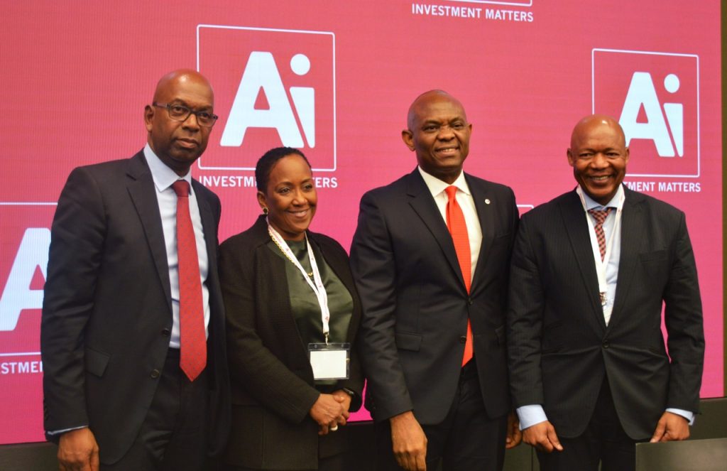 Mr. Tony Elumelu, Chairman Heirs Holdings and recipient of the 'Person of the year’ award (3rd left) flanked by other award recipients; Mr. Bob Collymore, CEO Safaricom (left), Ms. Vicki Fuller, CIO, New York State Common Retirement Fund (2nd left) and Dr Daniel Matjila, CEO, Public Investment Corporation of  South Africa at the AI Investment Summit in New York ..Monday - 789marketing
