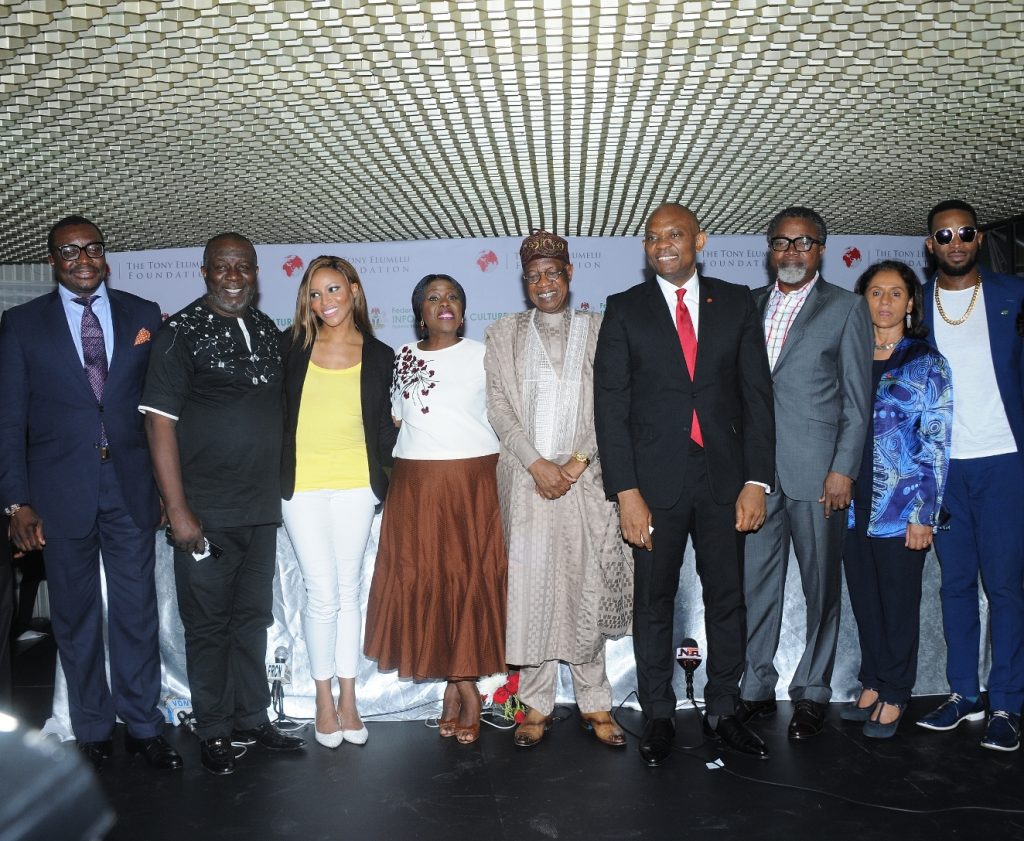 L-R: Ace Comedian, Ali Baba; Film Producer, Zeb Ejiro; CNN Anchor, Zain Asher; Renowned Actress, Joke Silva; Minister of Information,  Culture and Tourism , Alhaji Lai Mohammed; Chairman Heirs Holdings and Founder, The Tony Elumelu Foundation(TEF), Mr. Tony Elumelu; Nigerian Film Maker, Mahmood Ali-Balogun; CEO, The Tony Elumelu Foundation(TEF), Mrs Parminder Vir; and Ace Musician, Oladapo Daniel Oyebanjo (aka D’banj), at the signing of Memorandum of Understanding between the Nigerian Ministry of Information, Culture and Tourism and the Tony Elumelu Foundation to develop a framework in support of the Nigerian creative industry, which was held at the National Arts Theater, Lagos on Wednesday- 789marketing