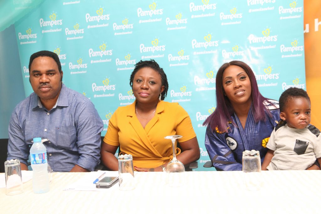 L-R: Senior Human Resource Manager, Procter & Gamble, Akinpelu Kunle; Brand Marketing Director, Procter & Gamble, Tolu Adedeji; Pampers Brand Advocate, Tiwa Savage Balogun and Son, Jamil Balogun at the Pampers Hangout Session and Plant Tour held at Procter & Gamble, Agbara Plant, Agbara Industrial Estate on Tuesday 8th November, 2016. - 789marketing