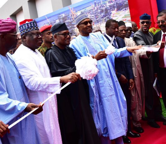 L-R: Lagos State Governor, Babajide Sanwo-Olu; Senate President, Sen. Ahmad Ibrahim Lawan; President/Chief Executive, Dangote Industries Limited, Aliko Dangote; President of Federal Republic of Nigeria, Muhammadu Buhari, cutting the tape; President of Togo, Faure Gnassingbe; Ogun State Governor, Dapo Abiodun; and Group Executive Director, Strategy, Capital Projects & Portfolio Development, Dangote Industries Limited, Devakumar Edwin, at the commissioning of Dangote Petroleum Refinery and Petrochemicals FZE, (650,000 barrels per day Petroleum Refining and 900,000 tonnes per annum Polypropylene Production) in Lagos on Monday, May 22, 2023.